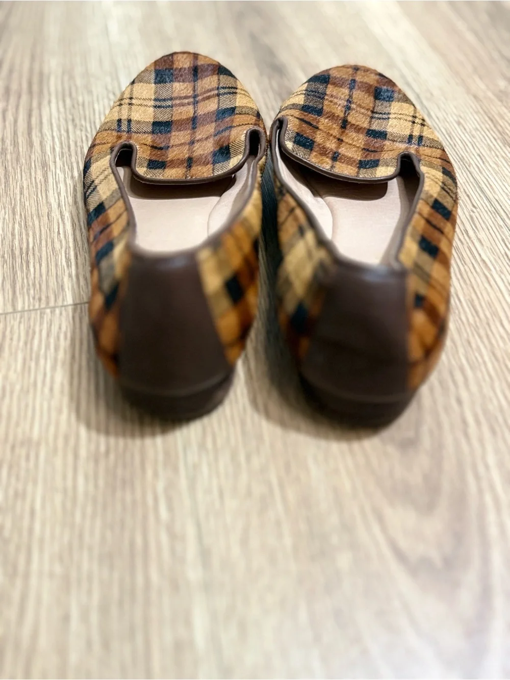 ANTONIO MELANI Larrah Plaid Calf Hair Loafers 9M Brown Tan Leather Flats